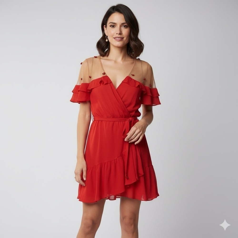 For Love & Lemons Red Mesh Shoulders Rosettes Wrap Mini Dress - XS/S, HTF style
